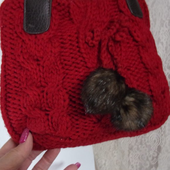 Fashion Handbag Red Knit with Mink Pom Pom Drawstring - Picture 2 of 3